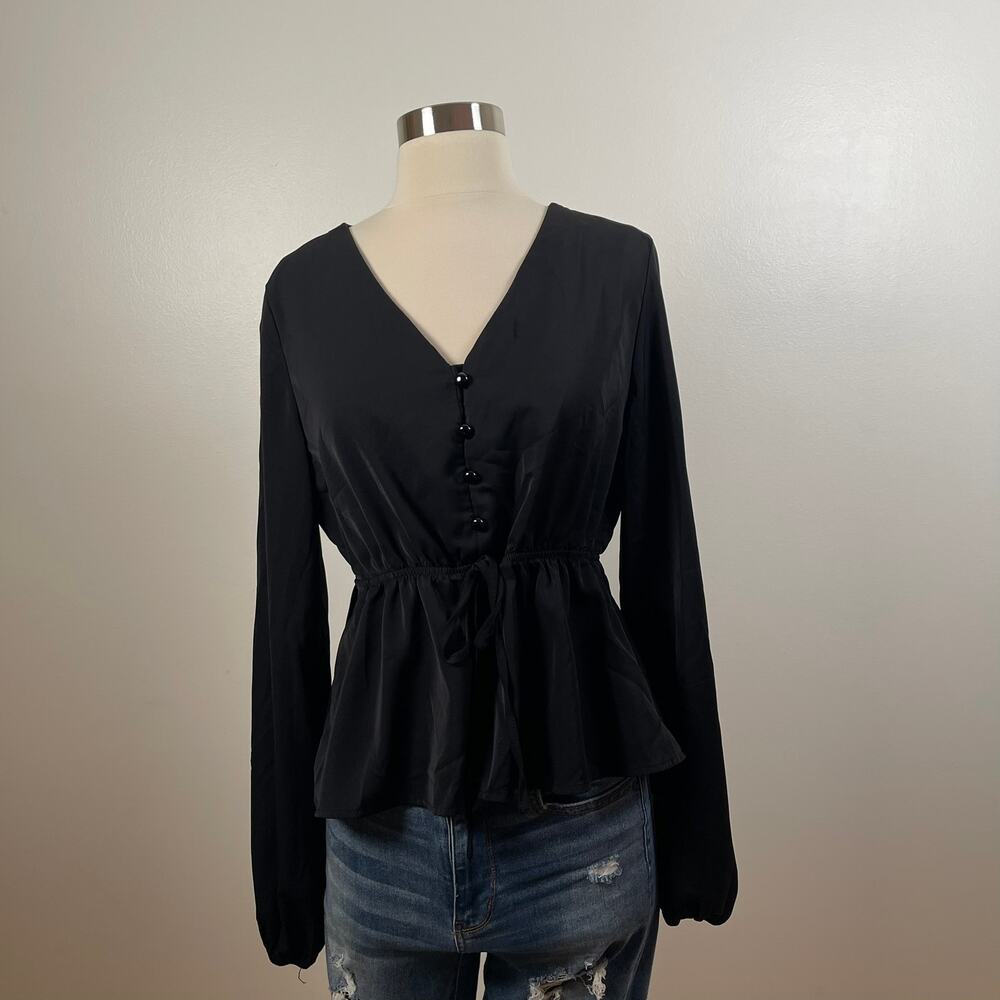 Shein • Balloon Sleeve Tie Waist Button Detail Blouse